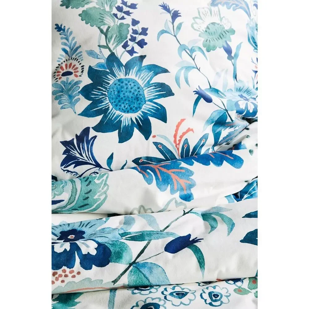 Anthropologie Blue Teal Floral Quilted Coverlet Set